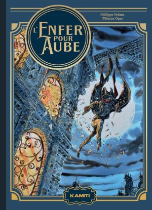 Couverture de la BD Enfer pour Aube avec un personnage sautant au-dessus d’une ville en ruines