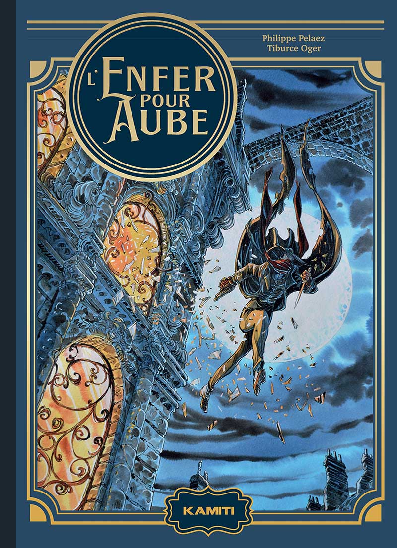 Couverture de la BD Enfer pour Aube avec un personnage sautant au-dessus d’une ville en ruines