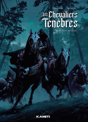 Couverture de la BD Les Chevaliers Ténèbres, édition collector, avec des cavaliers sombres devant une ville en flammes